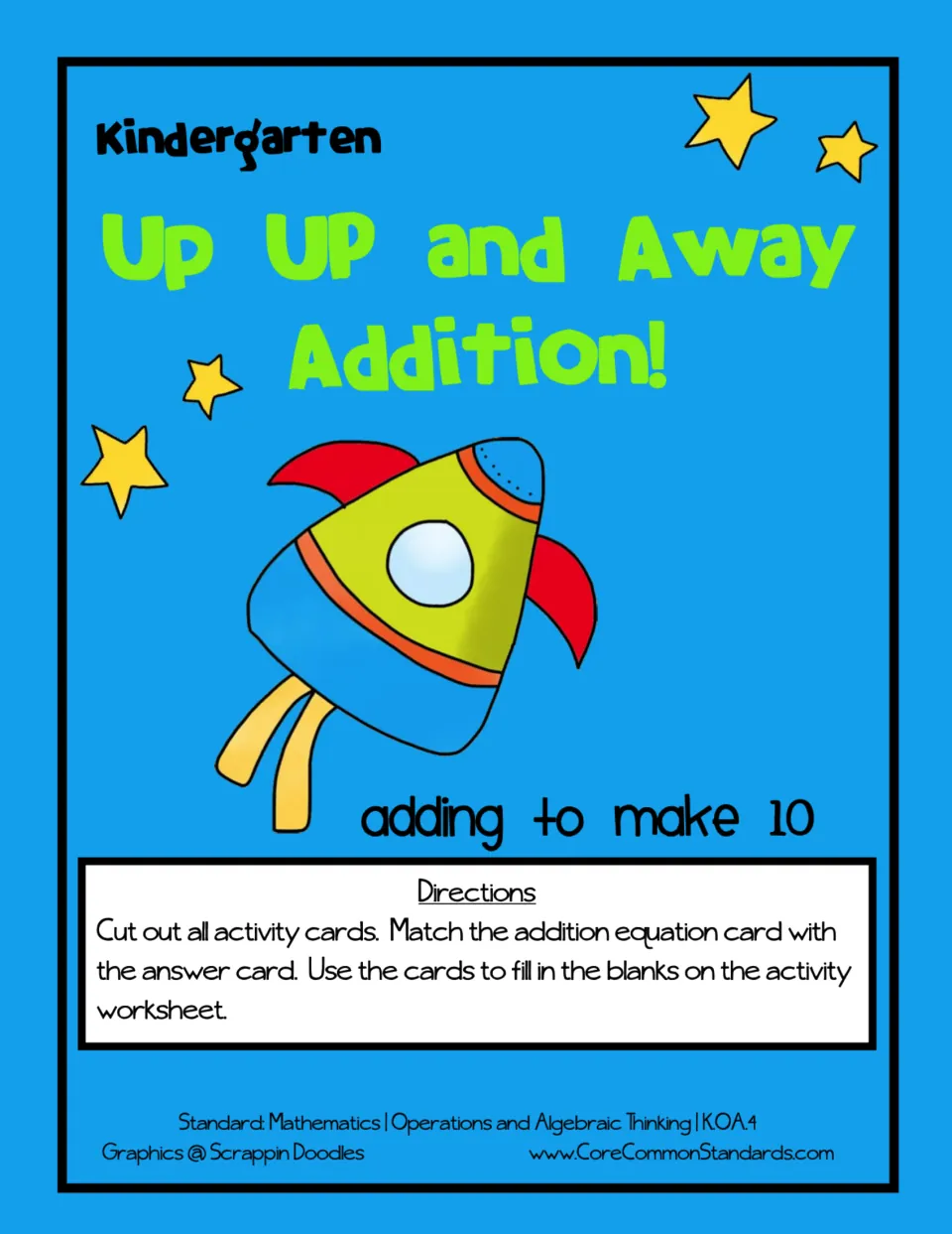 Cover for adding to make 10, with directions to cut out cards, match equations and answers, and fill in a worksheet