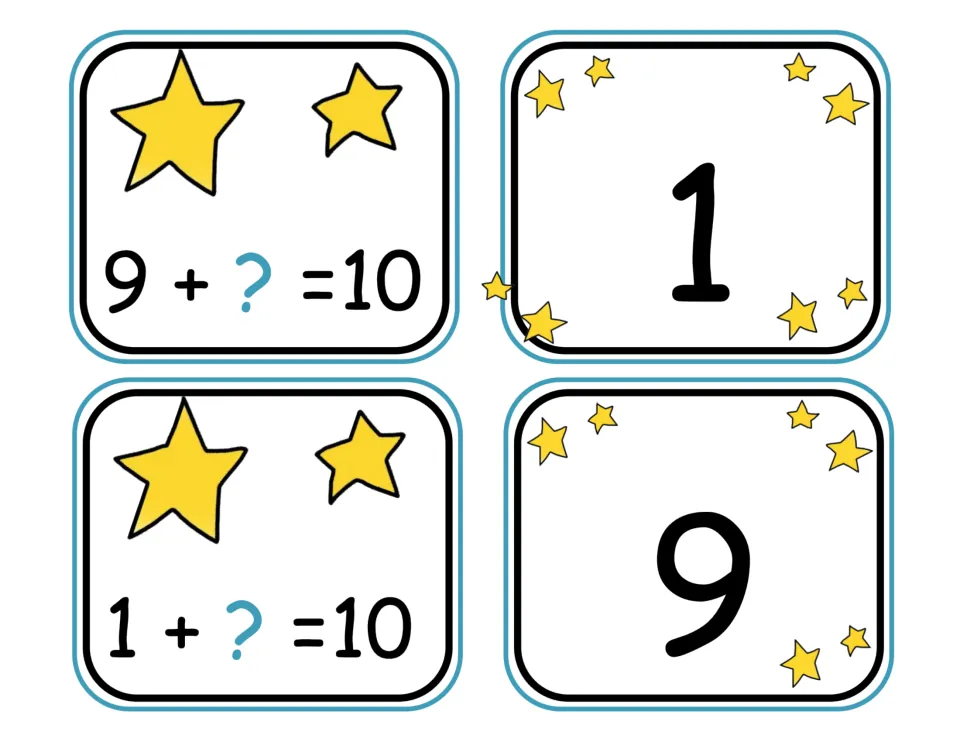 Matching cards for making 10: 9 + ? = 10 and 1 + ? = 10, paired with missing-addend cards 1 and 9.