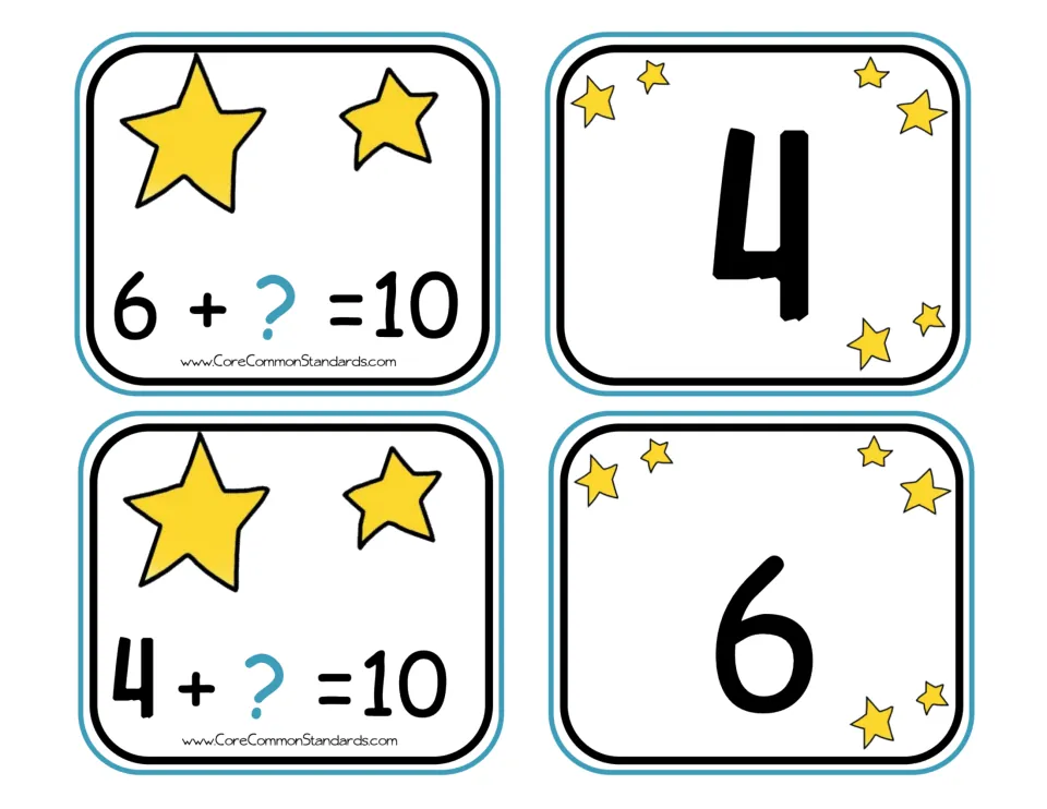 Matching cards for making 10: 6 + ? = 10 and 4 + ? = 10, paired with missing-addend cards 4 and 6.