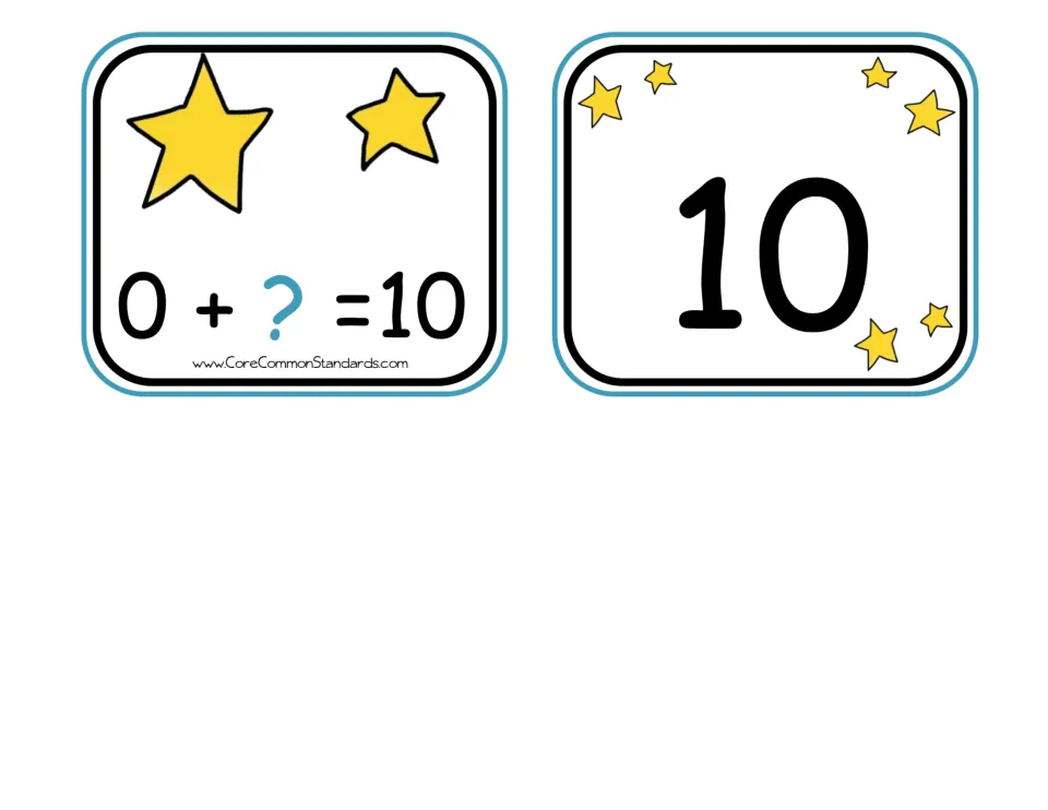 Final two cards in the making-10 matching set: the equation 0 + ? = 10 and its missing-addend number card 10.