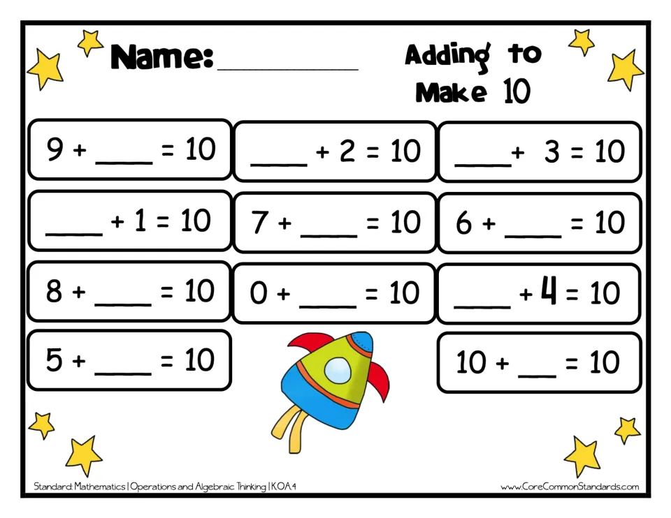 Adding to Make 10 recording worksheet with 11 missing-addend equations, including 9 + ___ = 10 and ___ + 2 = 10.