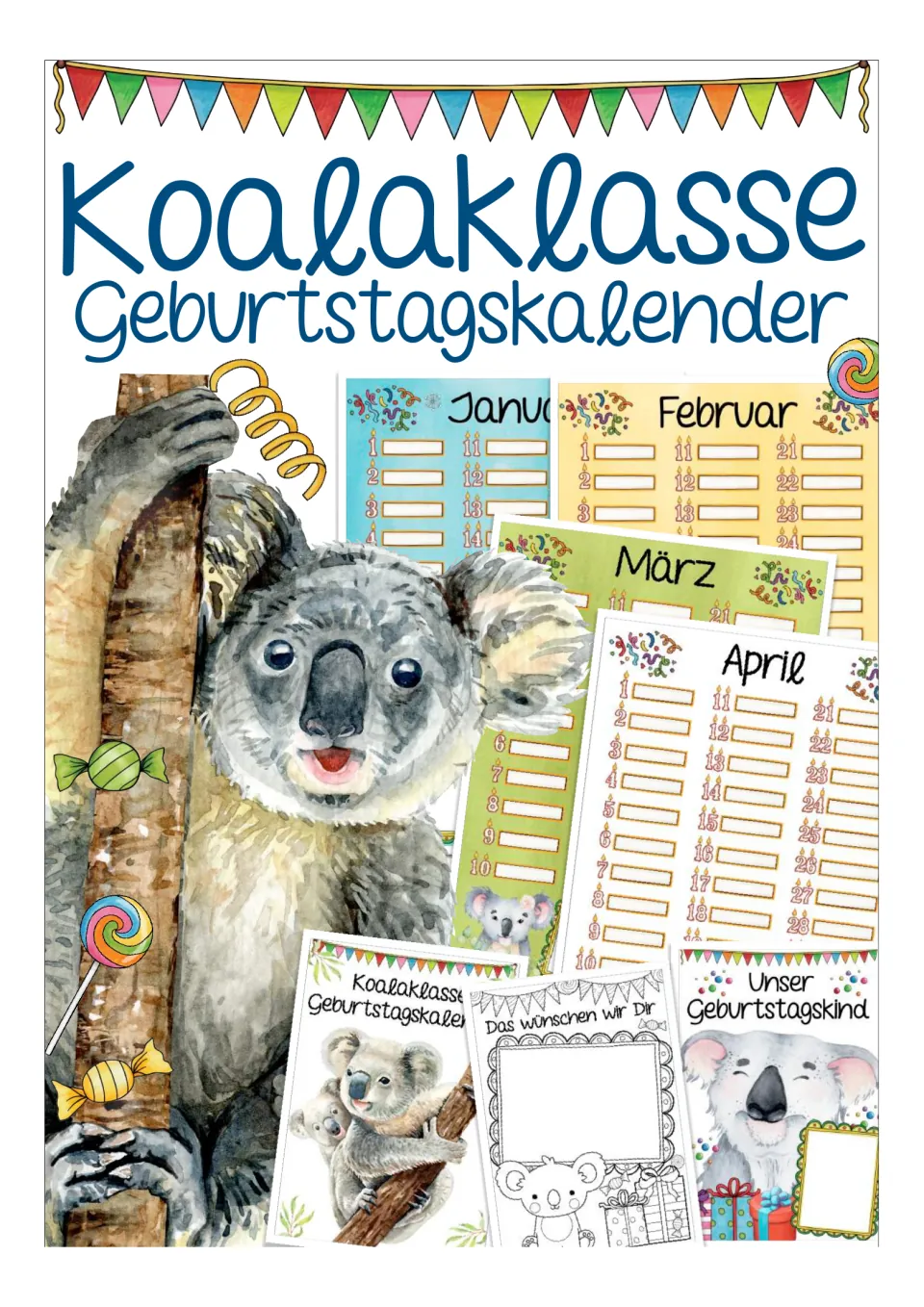 Birthday calendar preview showing German monthly pages, a cover, a birthday child page, and a wishes page