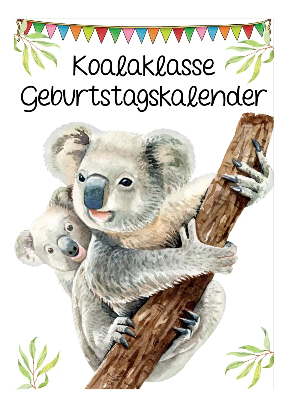 German birthday calendar cover titled 'Koalaklasse Geburtstagskalender' (Koala Class Birthday Calendar)