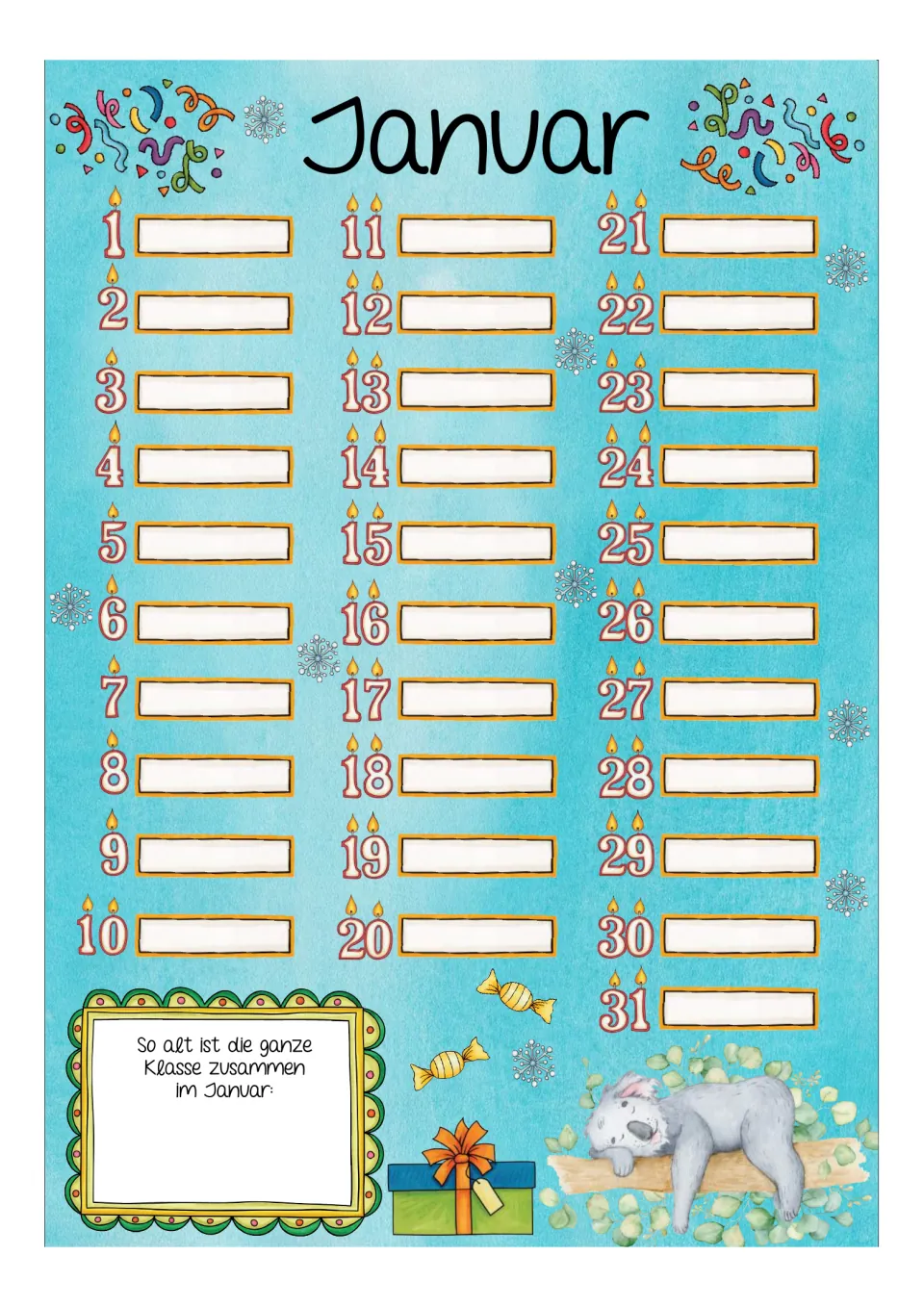 Birthday calendar for Januar (January), with dates 1–31 and a prompt to record the class's combined age