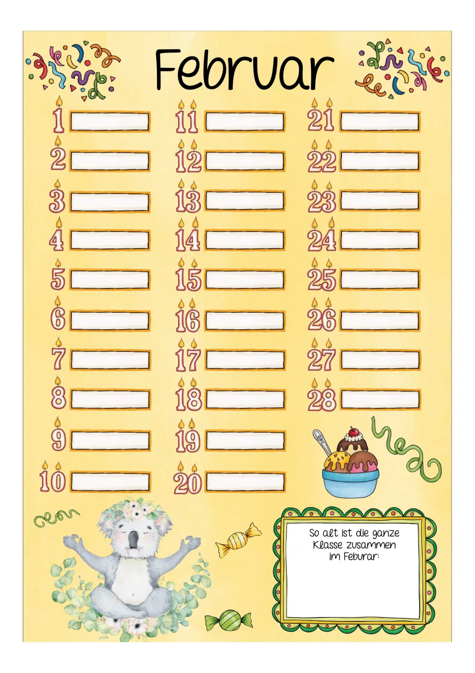 Birthday calendar for Februar (February), with dates 1–28 and a prompt for the class's combined age