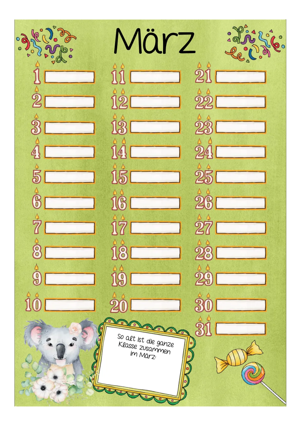 Birthday calendar for März (March), with dates 1–31 and a prompt to record the class's combined age
