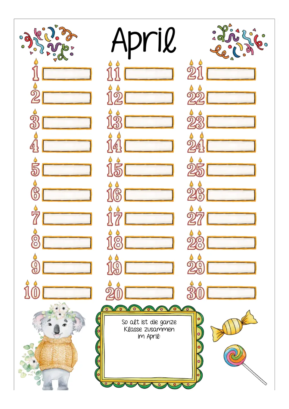 German birthday calendar for April, with dates 1–30 and a prompt to record the class's combined age
