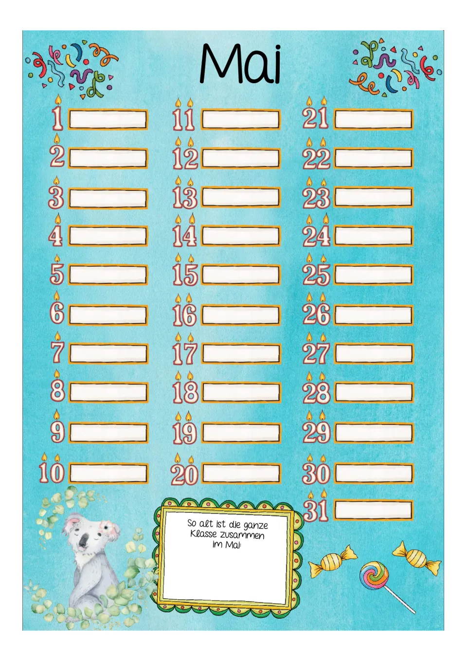 Birthday calendar for Mai (May), with dates 1–31 and a prompt to record the class's combined age