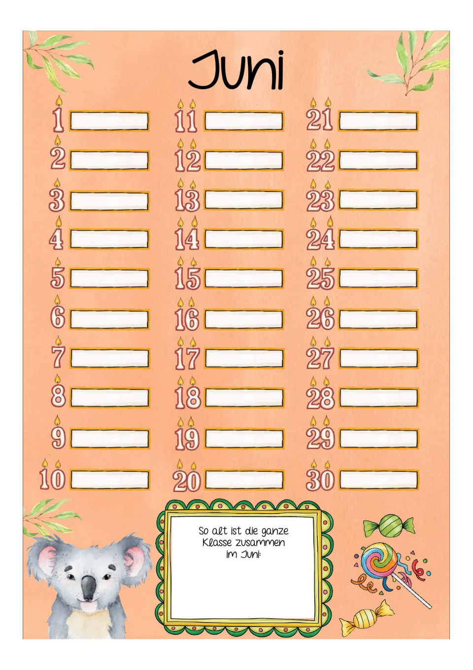 Birthday calendar for Juni (June), with dates 1–30 and a prompt to record the class's combined age