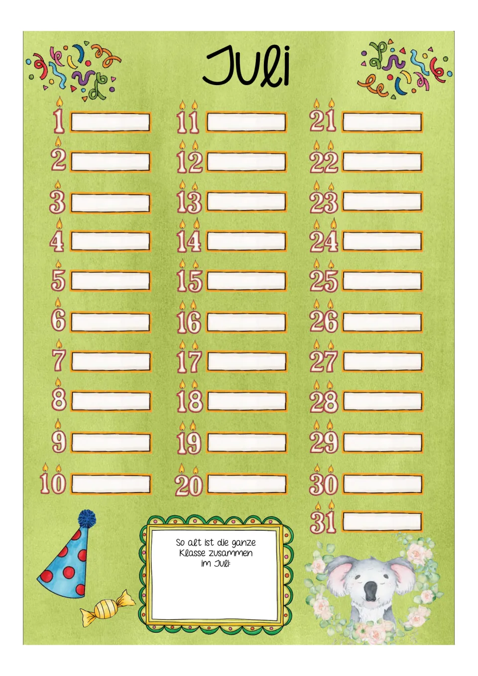 Birthday calendar for Juli (July), with dates 1–31 and a prompt to record the class's combined age