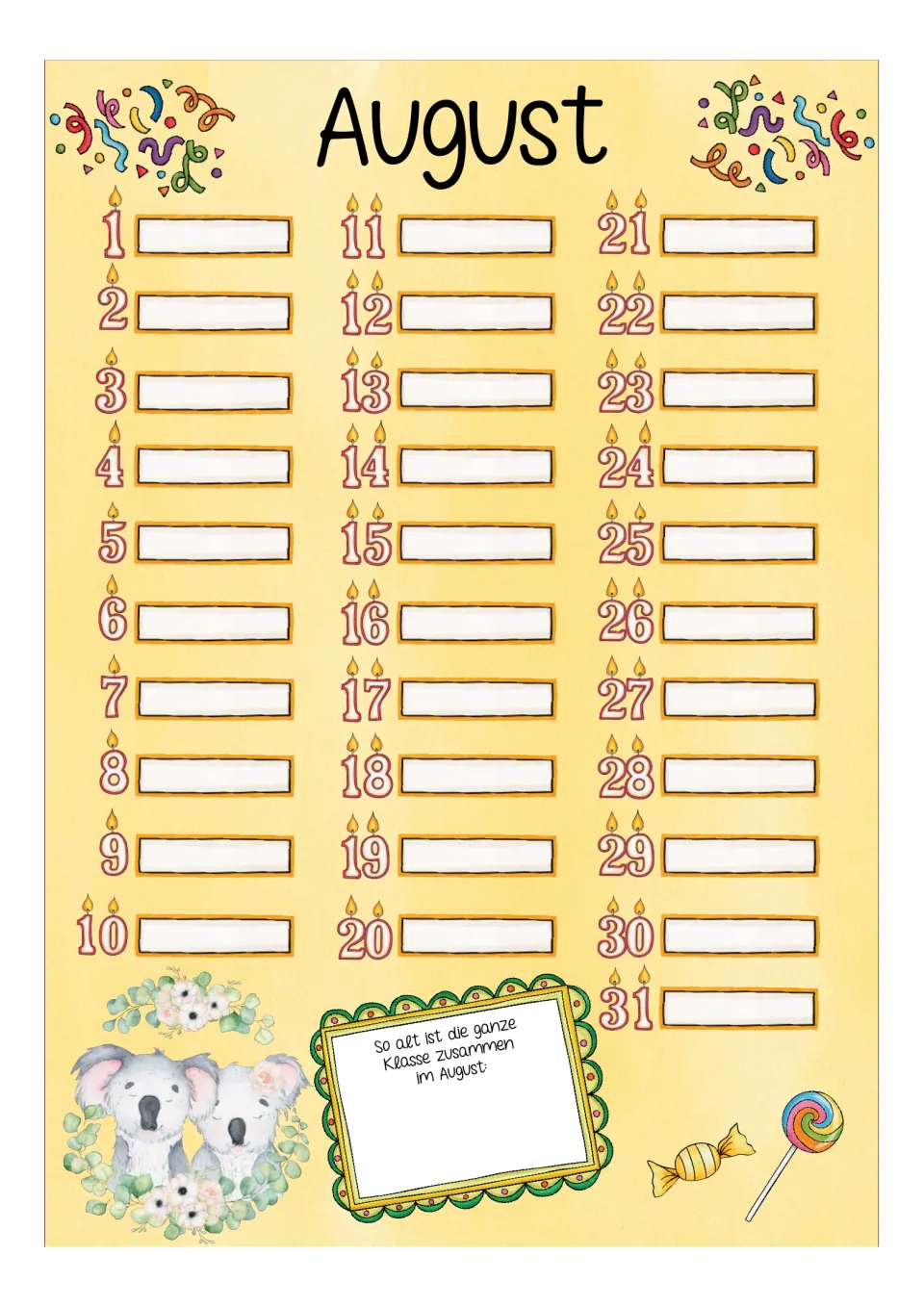 German birthday calendar for August, with dates 1–31 and a prompt to record the class's combined age