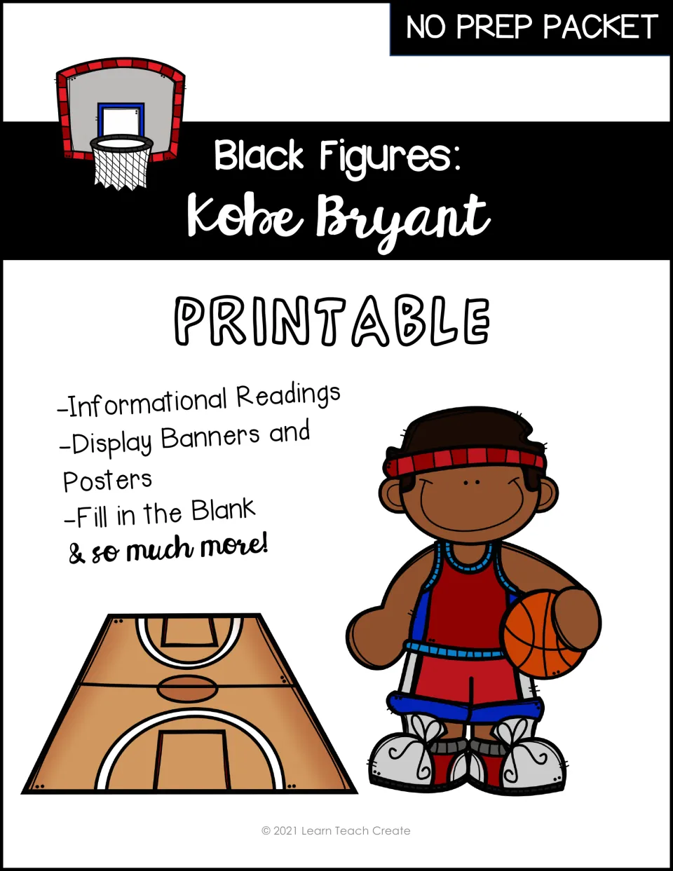 Cover of the Kobe Bryant packet listing informational readings, display banners, posters, and fill-in-the-blank work