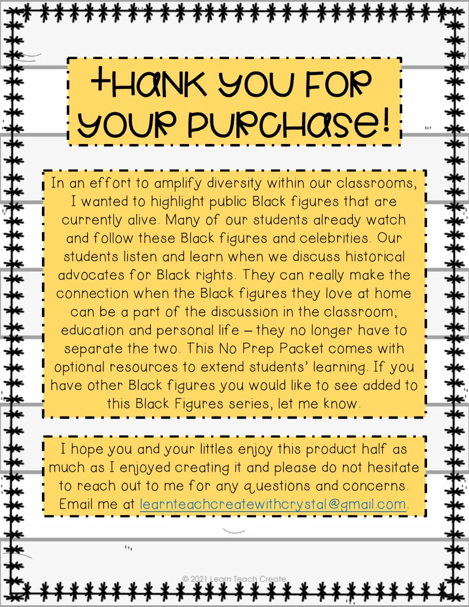 Thank-you note explaining the Black Figures series and its purpose of increasing classroom diversity