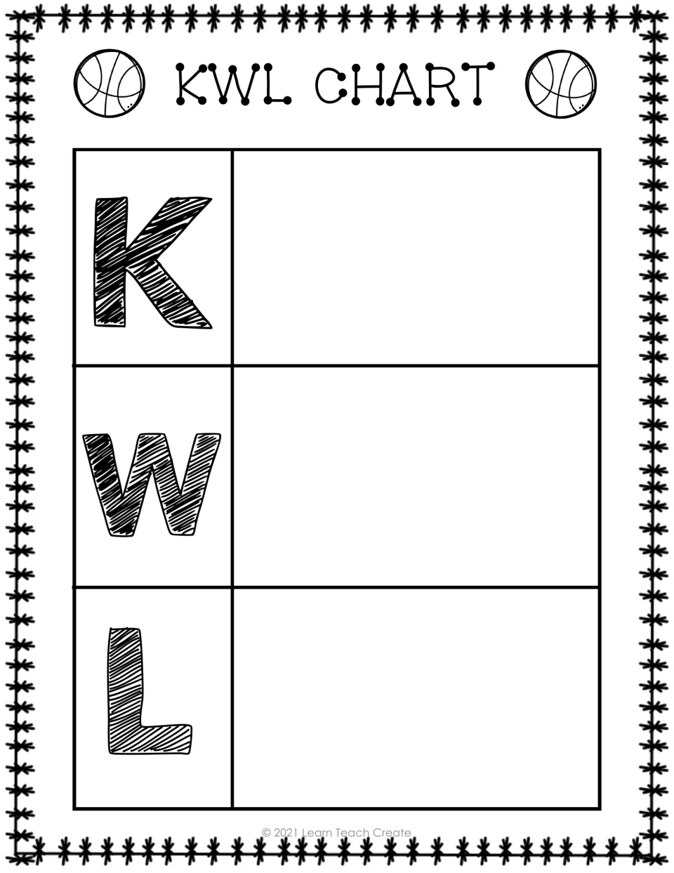 Black-and-white KWL chart for the Kobe Bryant packet, with K, W, and L sections to record knowledge and learning