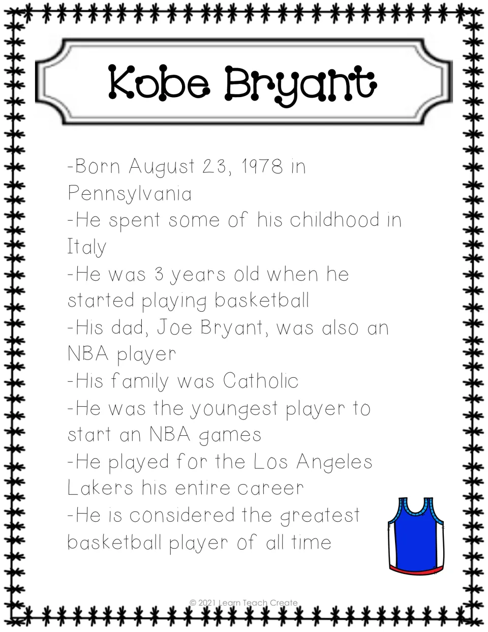 Kobe Bryant fact sheet in the color set, covering his birth, childhood in Italy, father, and Lakers career
