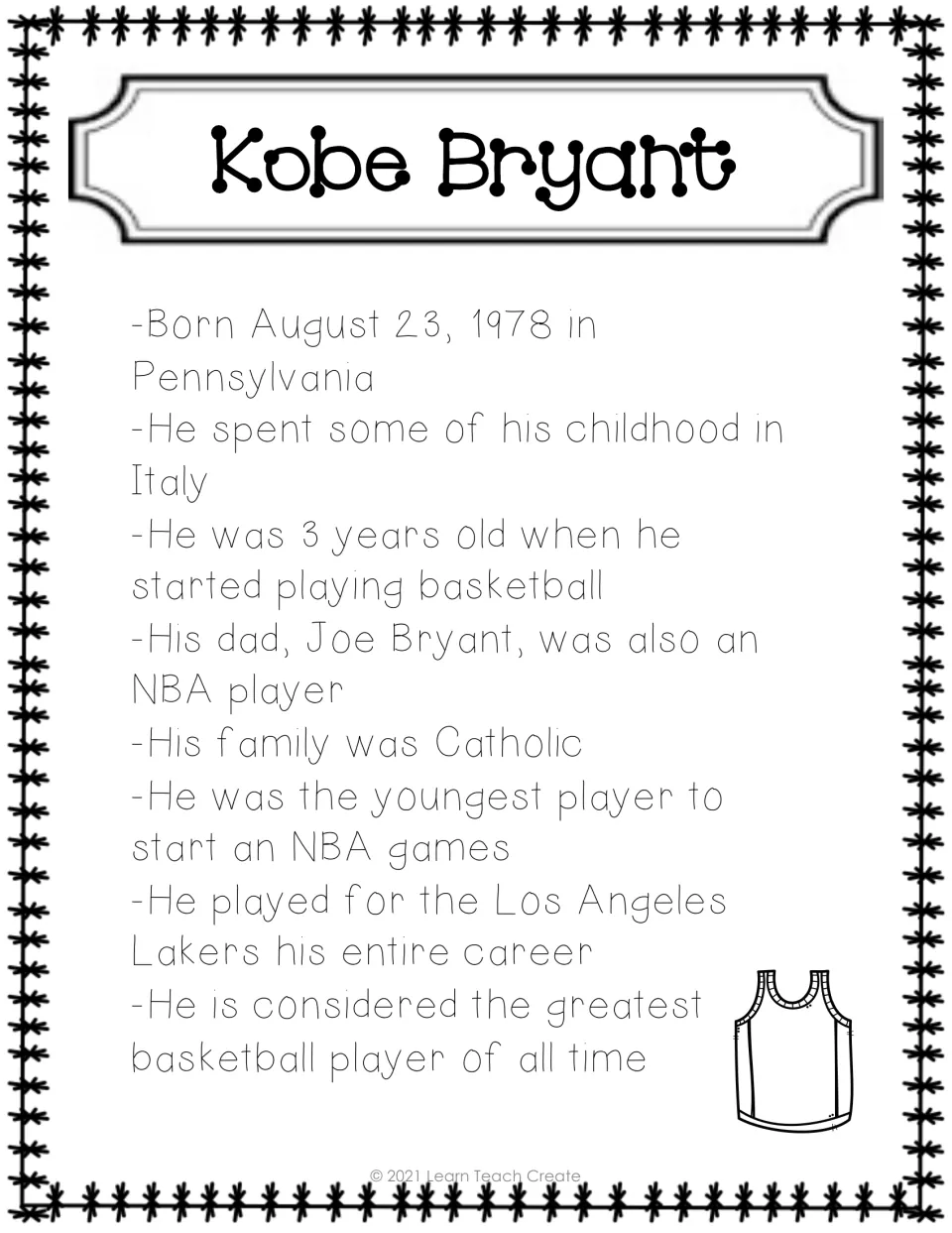 Black-and-white Kobe Bryant fact sheet covering his birth, childhood in Italy, father, and Lakers career