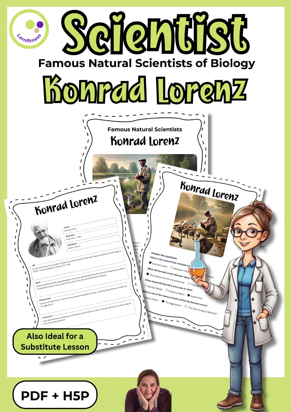 Cover of the Konrad Lorenz science packet, showing biography, fact sheet, and quiz samples in PDF and H5P