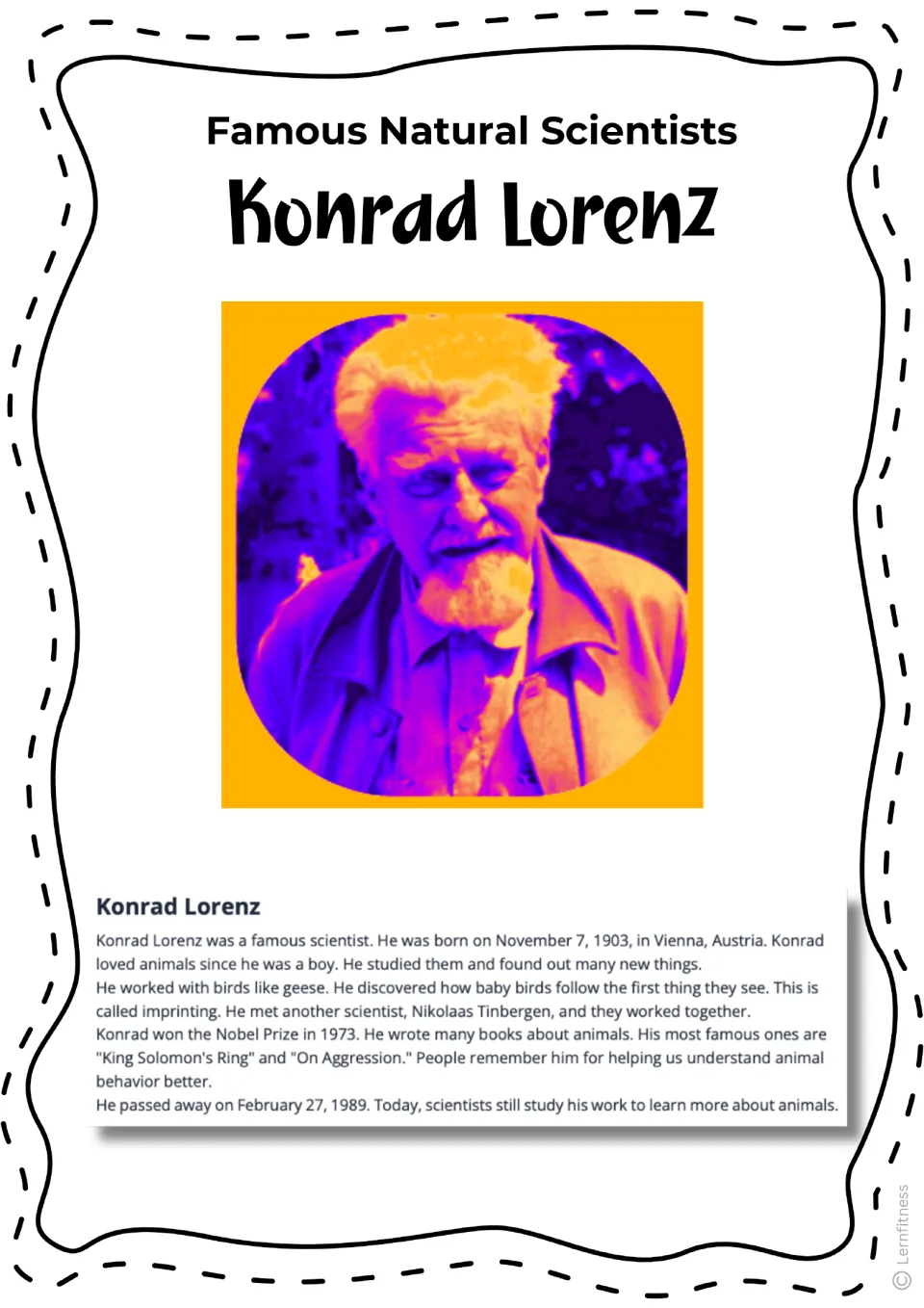Biography reading about Lorenz's life, imprinting research, and 1973 Nobel Prize, with a color portrait