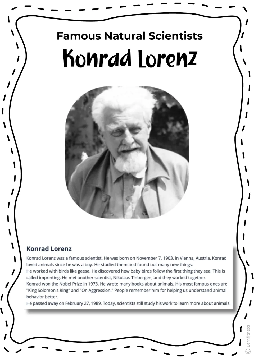 Biography reading about Lorenz's work with geese, books, and animal behavior, with a black-and-white portrait