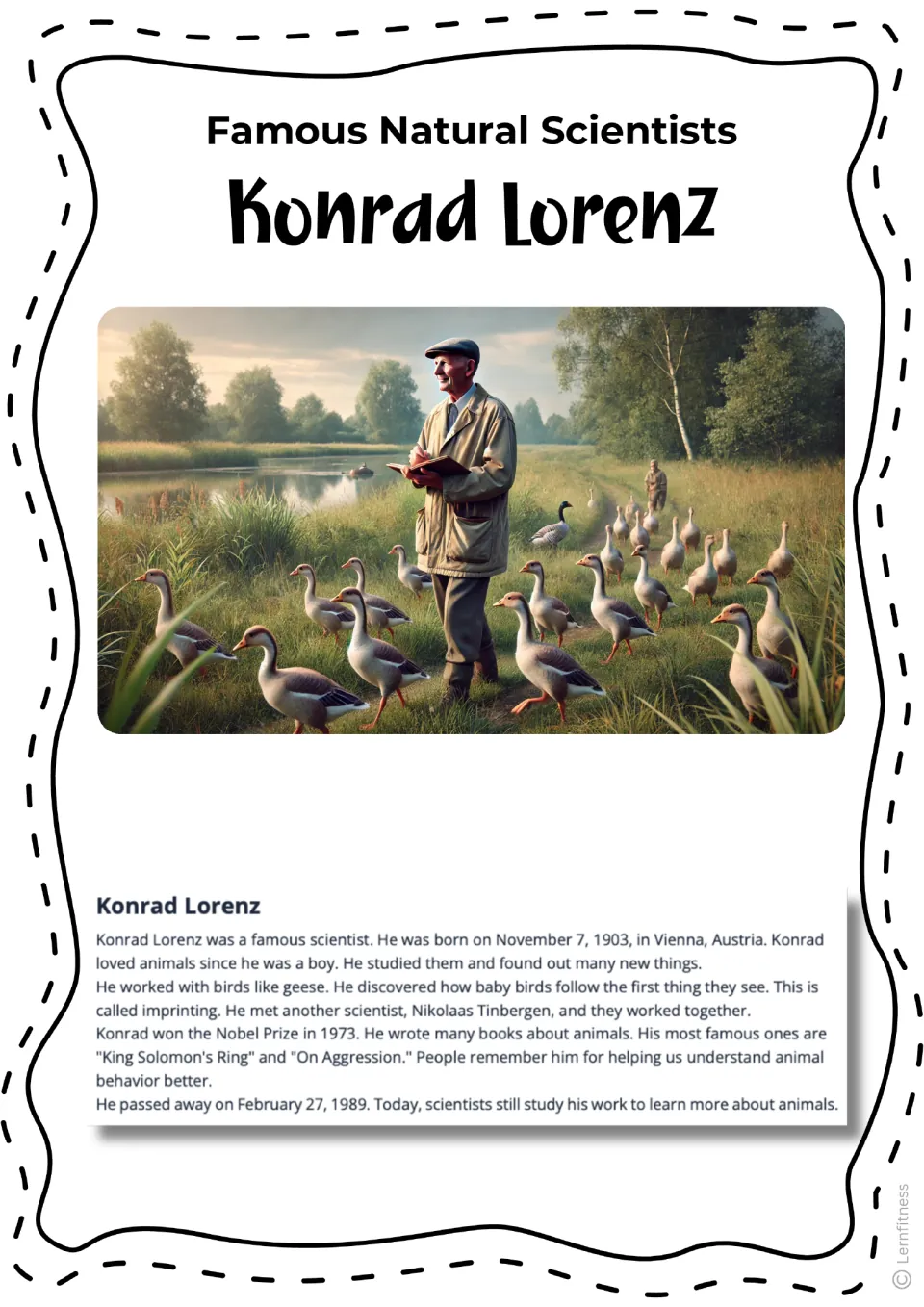 Biography reading about Lorenz and imprinting, illustrated in color by a scientist standing among geese