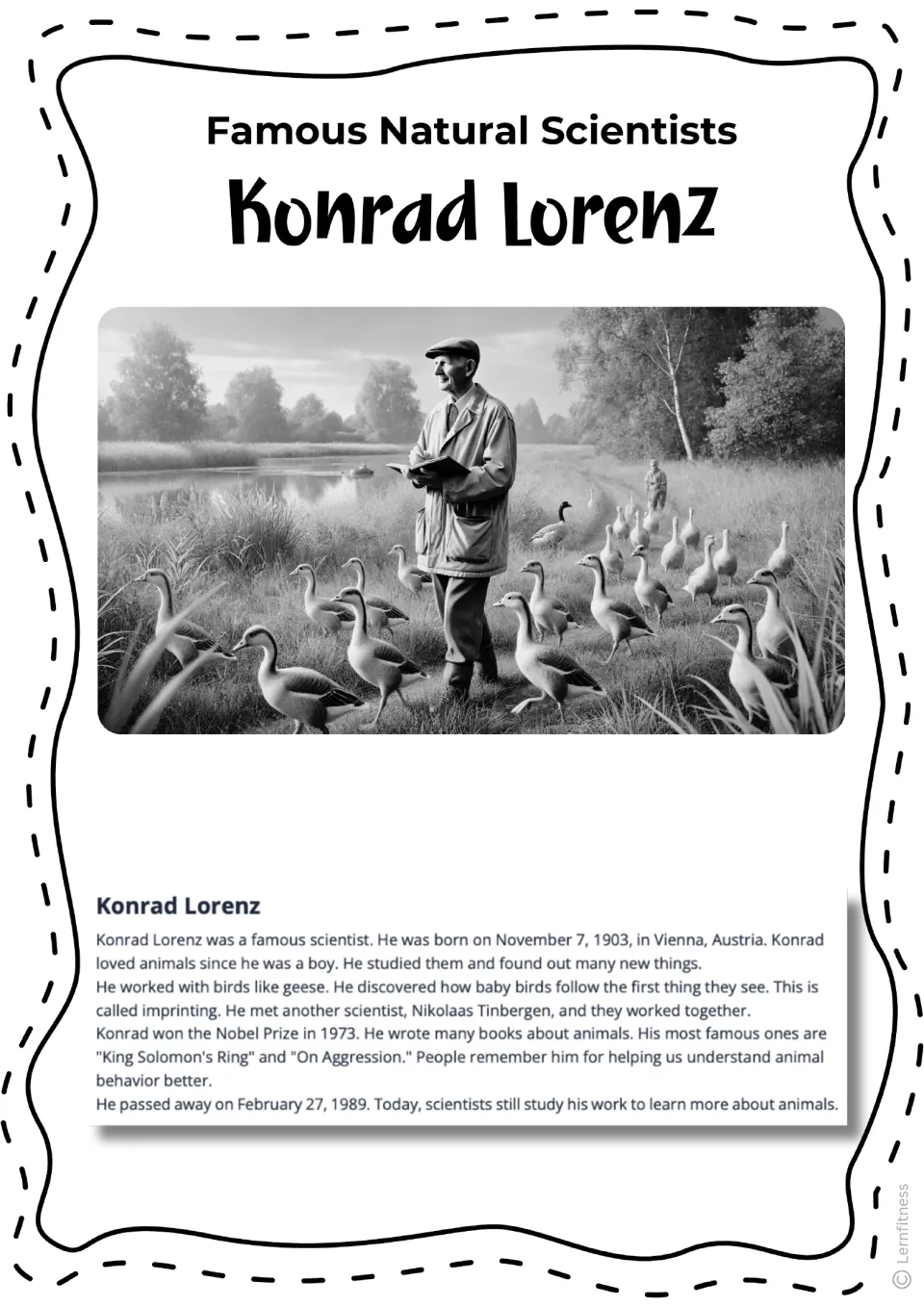 Biography reading about Lorenz and imprinting, with a black-and-white scene of a scientist among geese