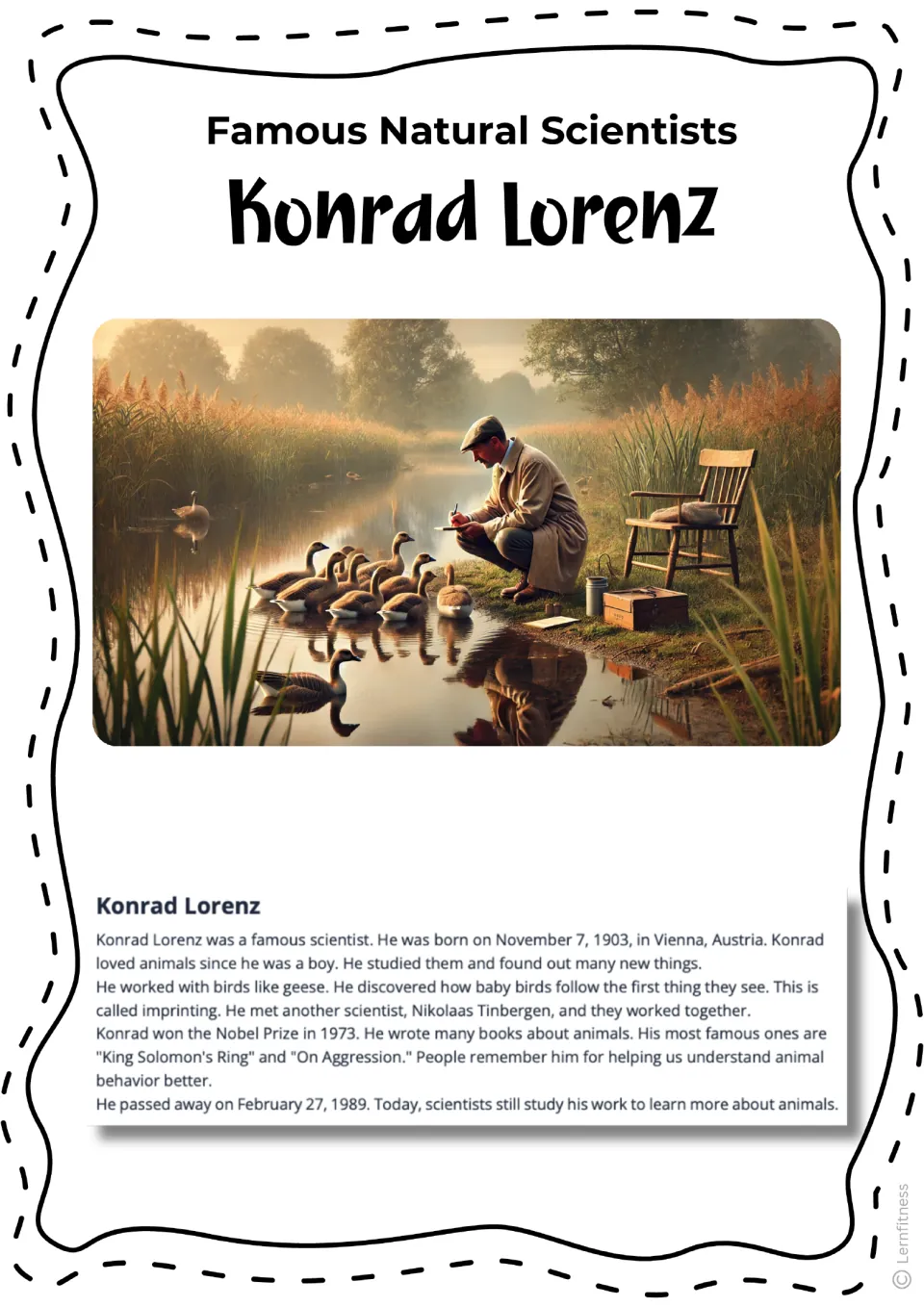 Biography reading about Lorenz's animal research, with a color scene of a scientist observing young geese