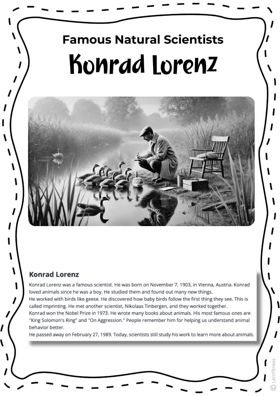 Biography reading about Lorenz's animal research, with a grayscale scene of a scientist observing young geese