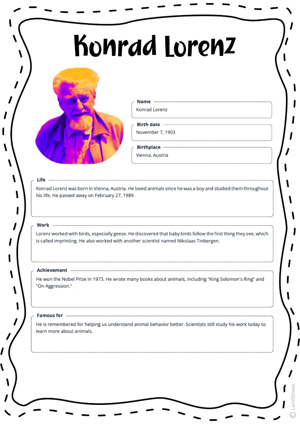 Completed Lorenz fact sheet with birth details, life, work, achievements, and legacy, plus a color portrait