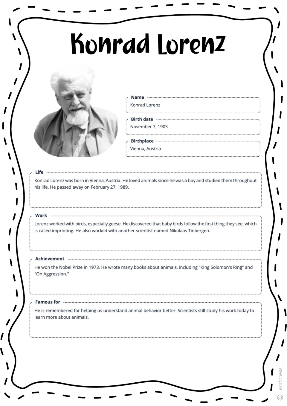 Completed Lorenz fact sheet with a grayscale portrait, Vienna birthplace, imprinting research, and Nobel Prize