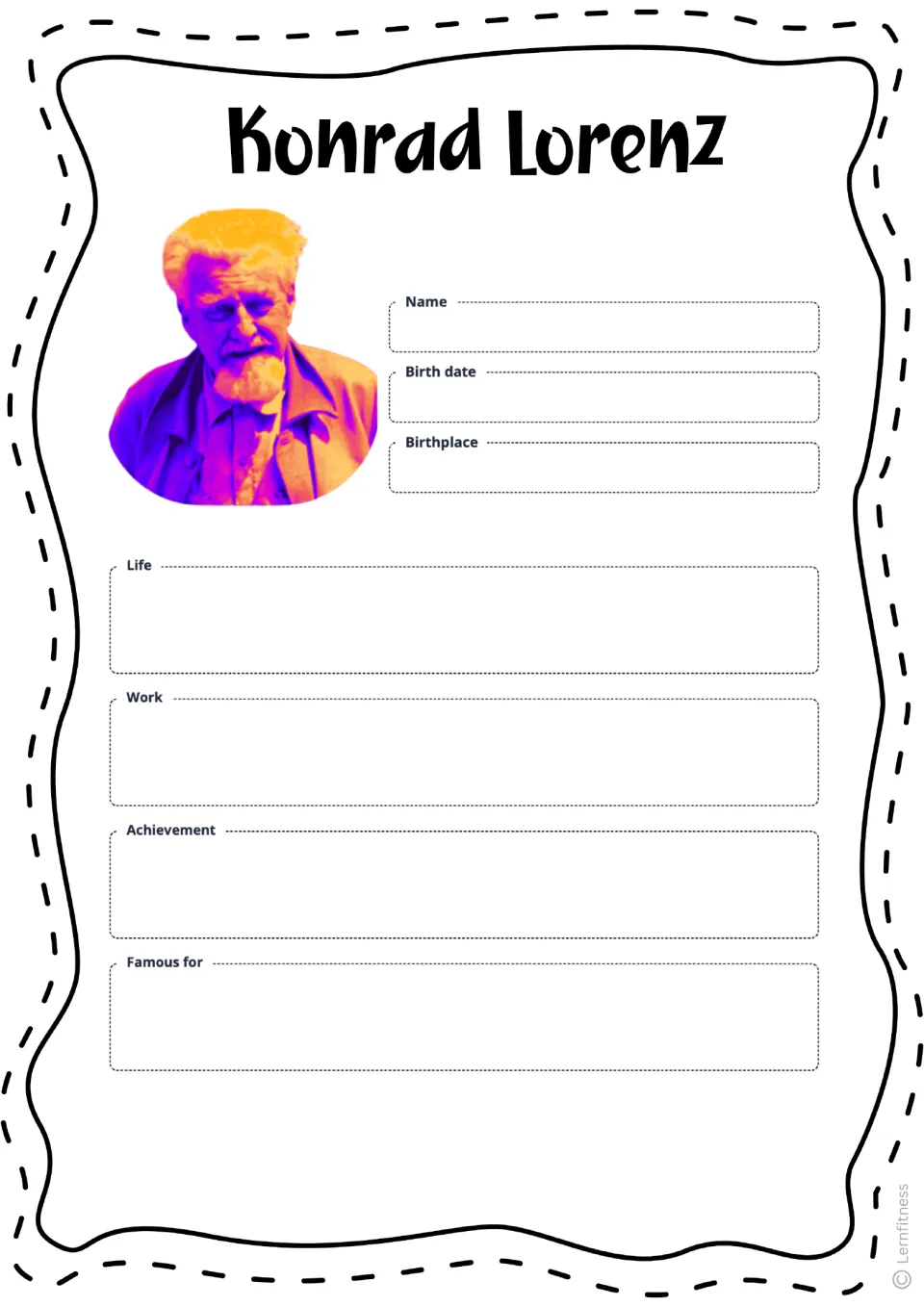 Blank Lorenz fact sheet for recording name, birth date, birthplace, life, work, achievement, and fame