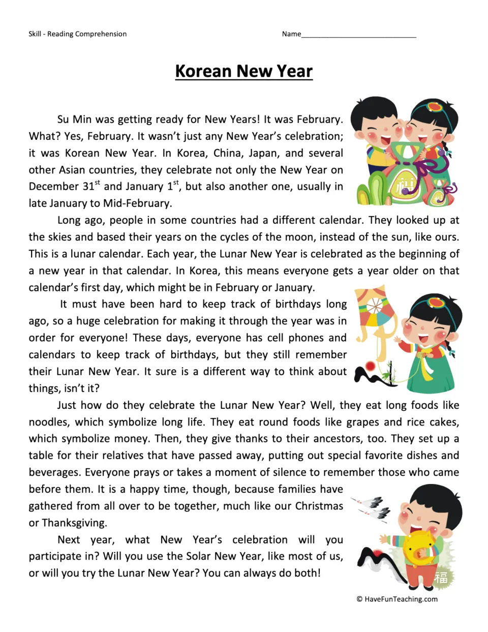 Reading passage about Su Min preparing for Lunar New Year, lunar calendars, foods, and remembering ancestors.