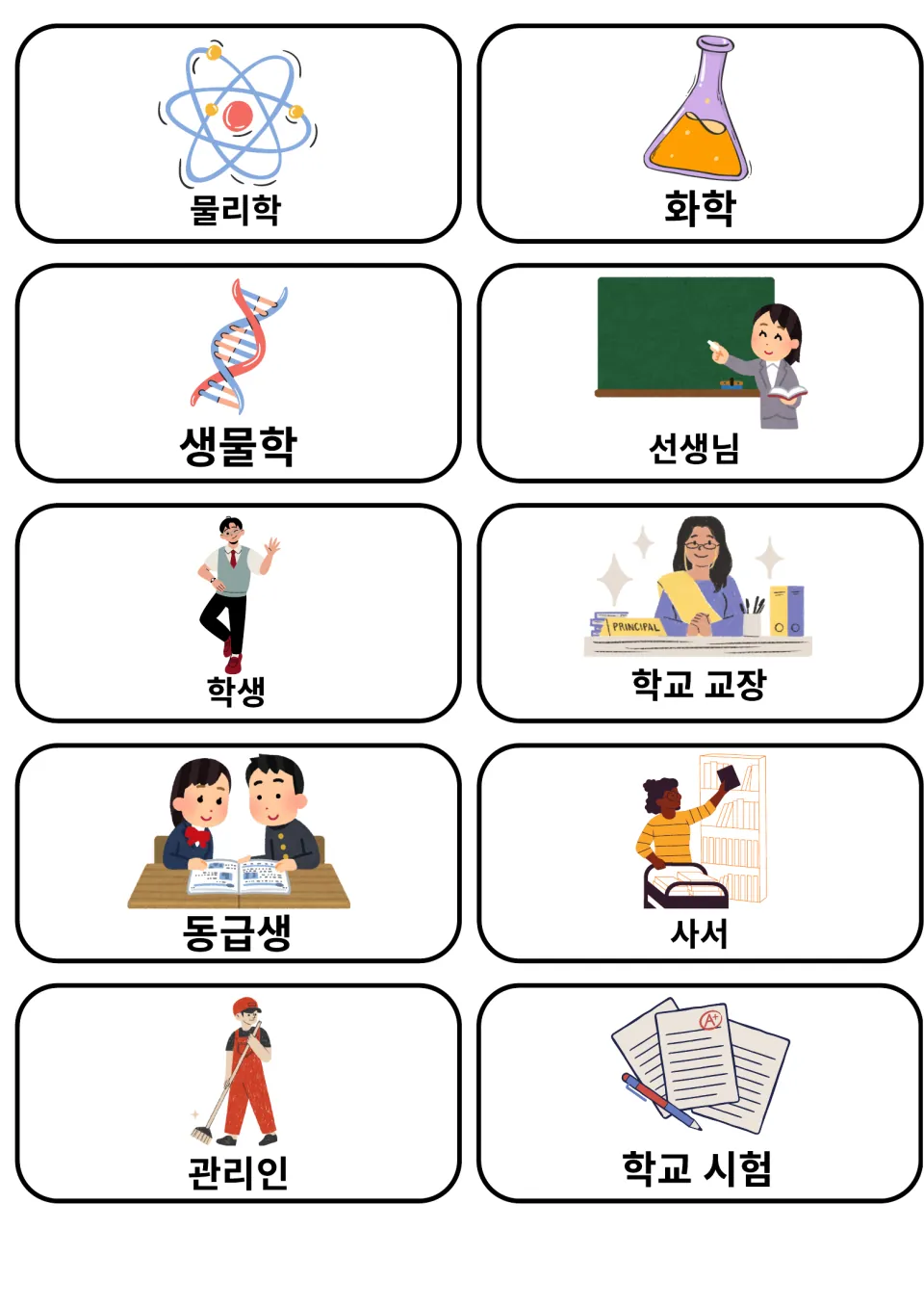 Korean school people and sciences: cards for physics, chemistry, biology, teacher, student, principal, librarian, janitor