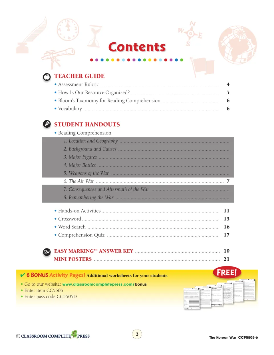 Contents: teacher guide, reading topic 6, The Air War, on page 7, plus activities, quiz, answer key and posters