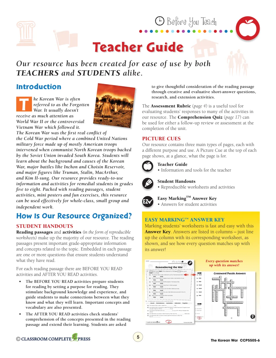 Teacher Guide: introduction to the 'Forgotten War', how handouts are organized, picture cues and answer key