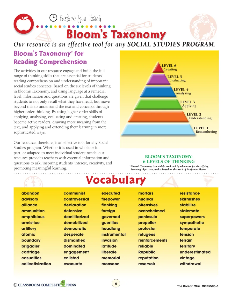 Bloom's Taxonomy levels explained, plus unit vocabulary: abandon, armistice, propeller, stalemate and 61 more