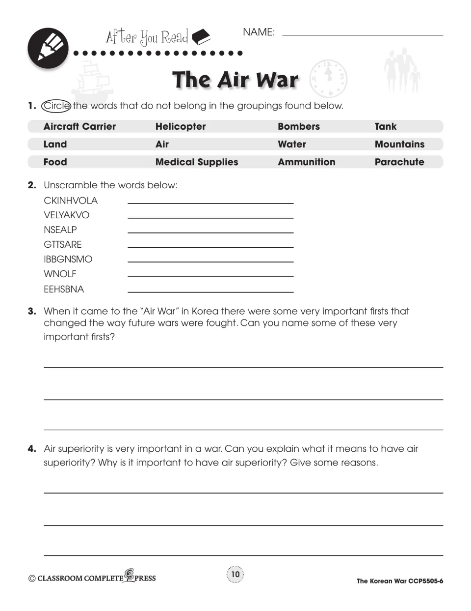 After You Read: odd-word-out groups, seven scrambled words like CKINHVOLA, air war firsts and air superiority