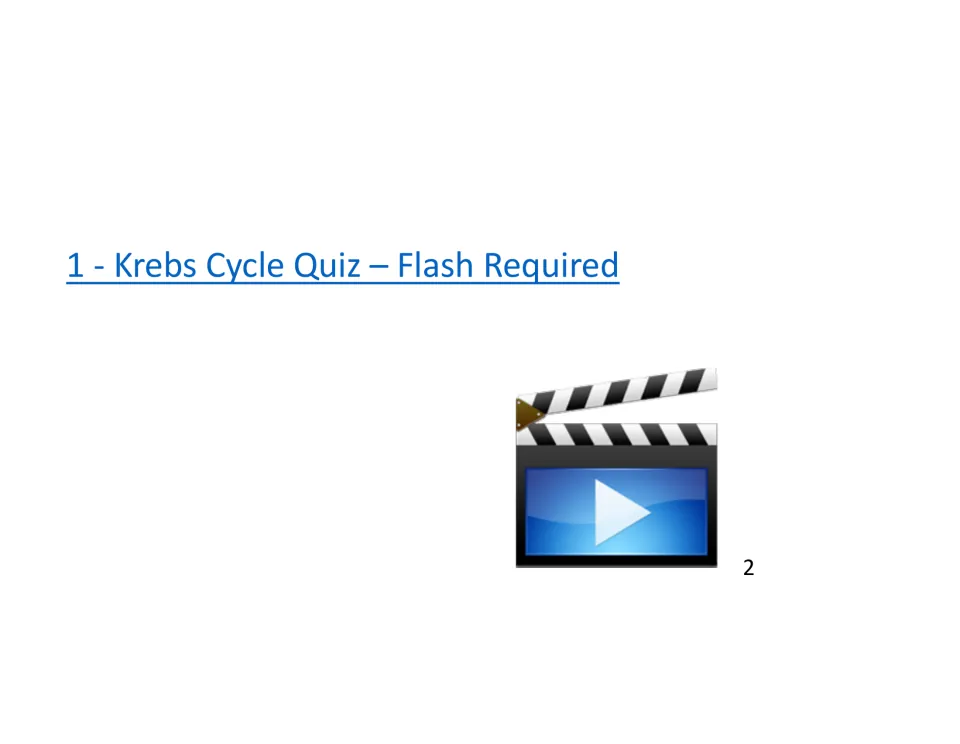 Krebs cycle slide with a quiz link marked Flash Required and a video clapperboard icon labeled 2