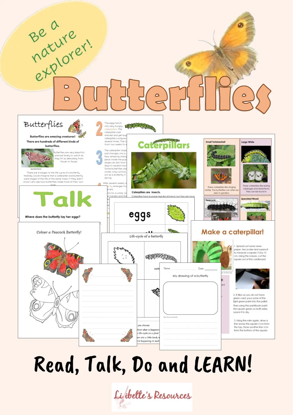 Butterflies cover: Be a nature explorer! Fact pages, Talk questions, colouring, life-cycle cards and a caterpillar craft