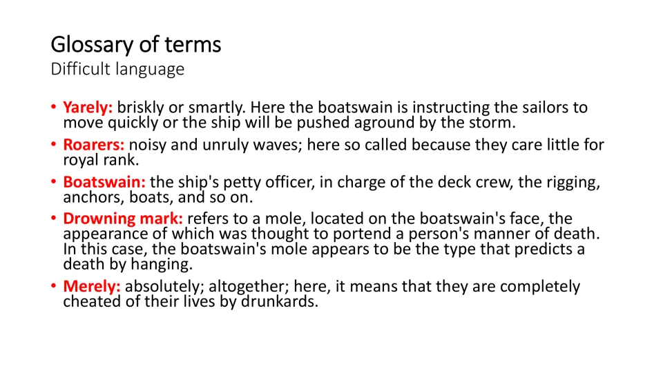 Glossary slide defining five terms from the scene: yarely, roarers, boatswain, drowning mark, and merely