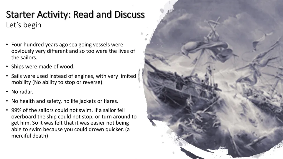 Read-and-discuss starter comparing ships and sailors 400 years ago through notes on sails and sea dangers
