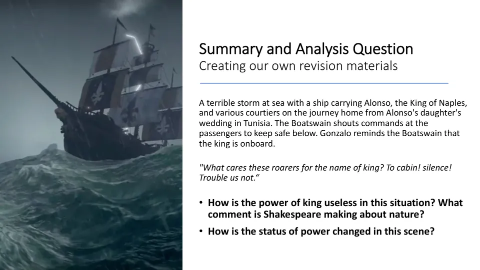 Analysis slide summarizing the storm and asking how nature challenges royal power and changes authority