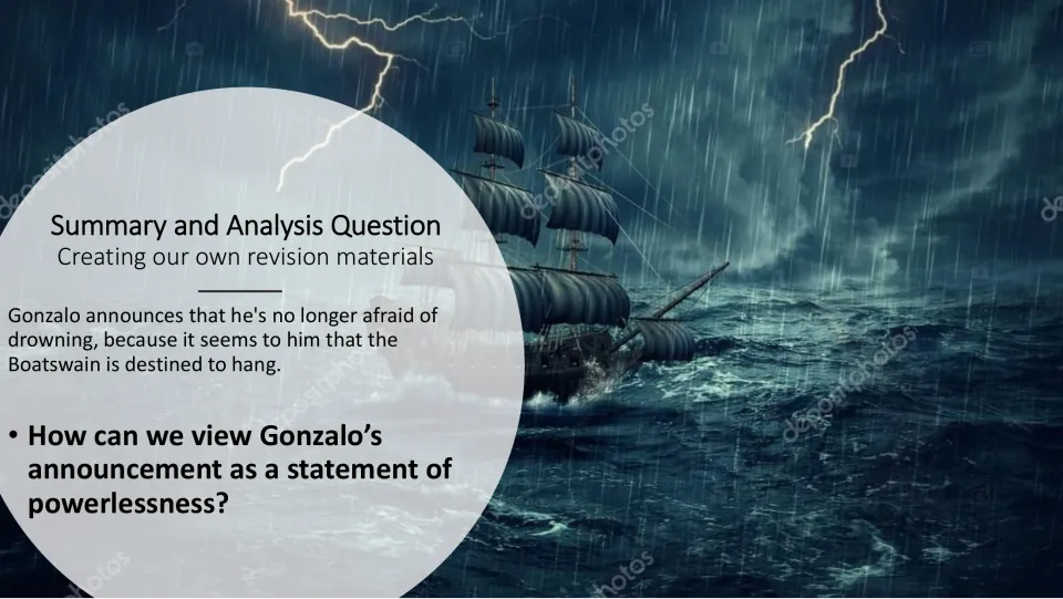Analysis slide asking how Gonzalo’s belief that the Boatswain will hang expresses his own powerlessness