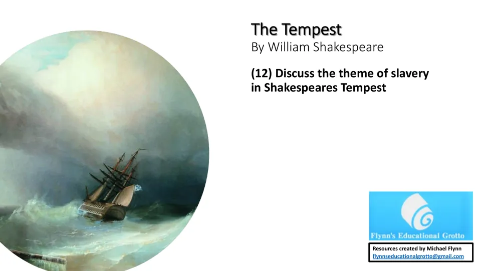 Lesson cover naming William Shakespeare and introducing the essay question on slavery in The Tempest