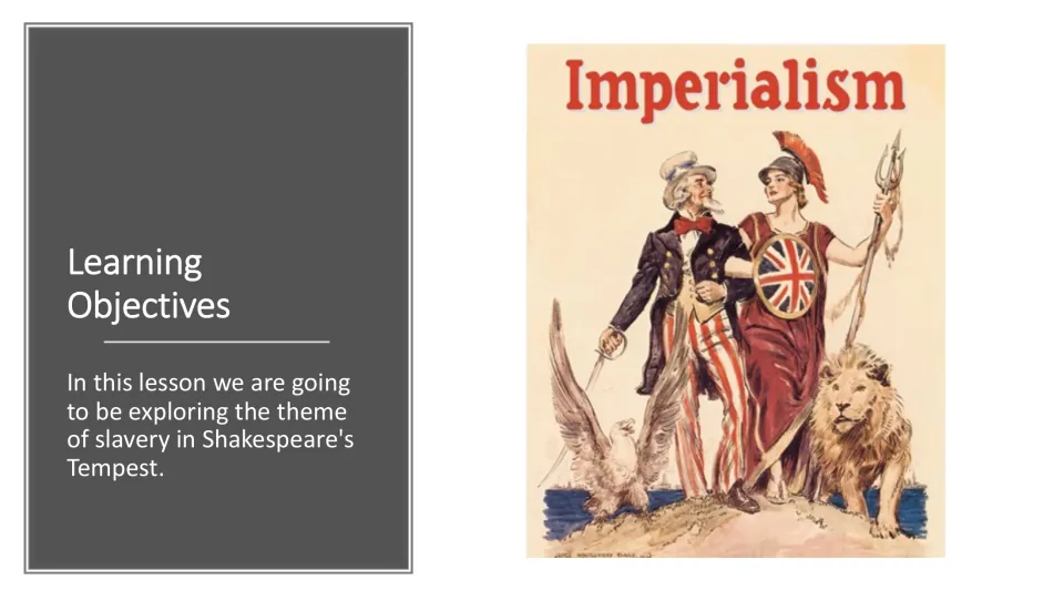 Learning objectives slide stating that the lesson explores slavery, alongside an imperialism illustration