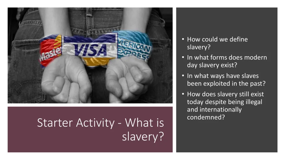 Starter activity asking students to define slavery and consider its modern forms and past exploitation