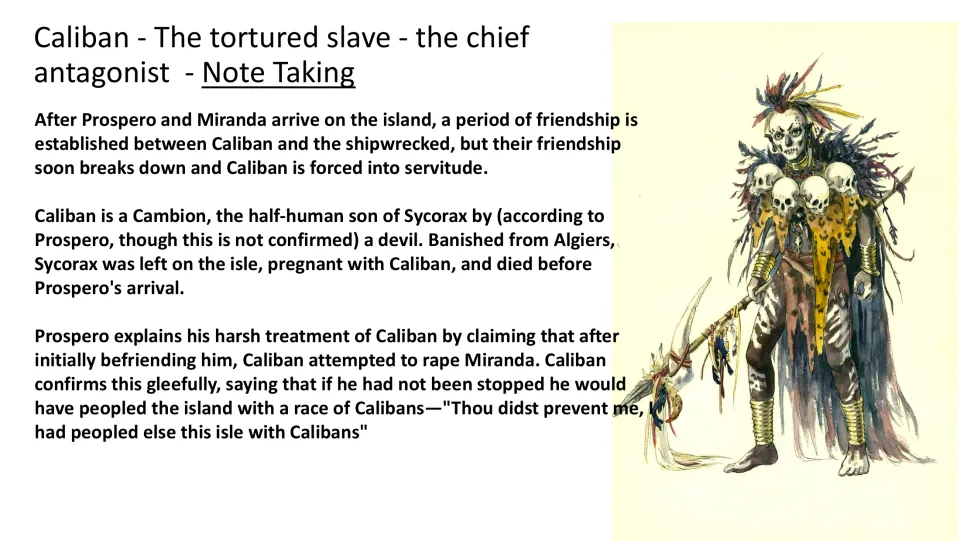 Caliban note-taking slide tracing his friendship with Prospero, forced servitude, and assault on Miranda