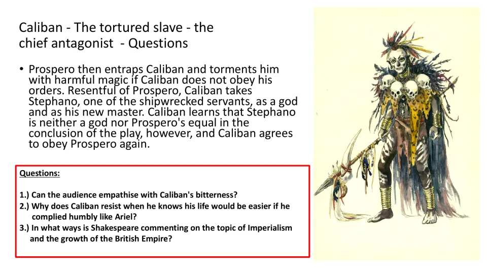 Caliban questions examining his bitterness, resistance to Prospero, and connections to imperialism