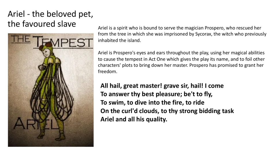 Ariel reading slide explaining service to Prospero, promised freedom, and the speech “All hail, great master!”