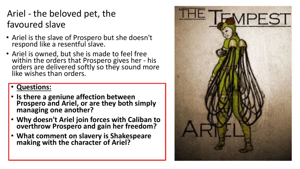 Ariel questions exploring affection for Prospero, freedom, and why Ariel does not join Caliban’s rebellion