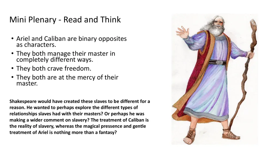 Closing comparison of Ariel and Caliban examining their contrasting behavior and shared desire for freedom